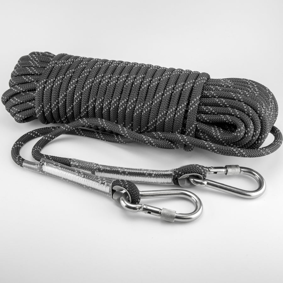 Extra kraftigt rep med karbinhakar, 30 meter
